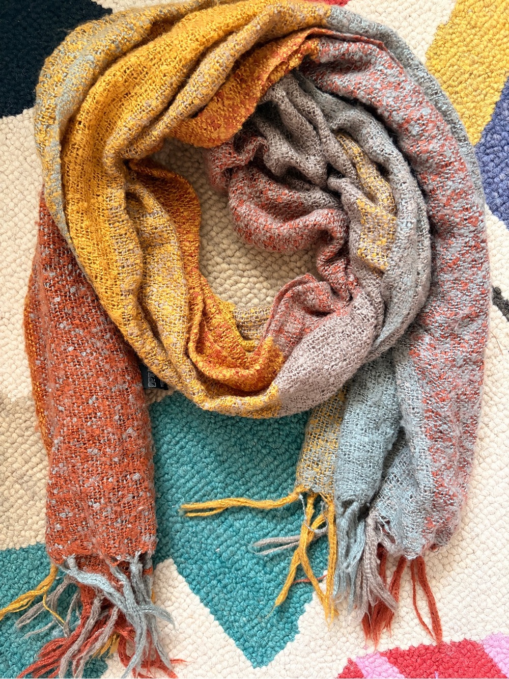 Multicolor Woven Fringe Scarf - Mustard, Rust & Gray